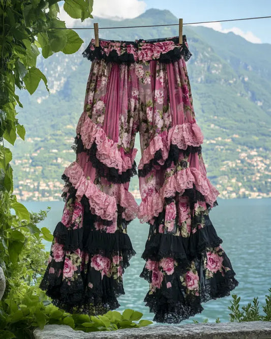 Summer ruffled cotton and linen patchwork contrast color pants 11f4