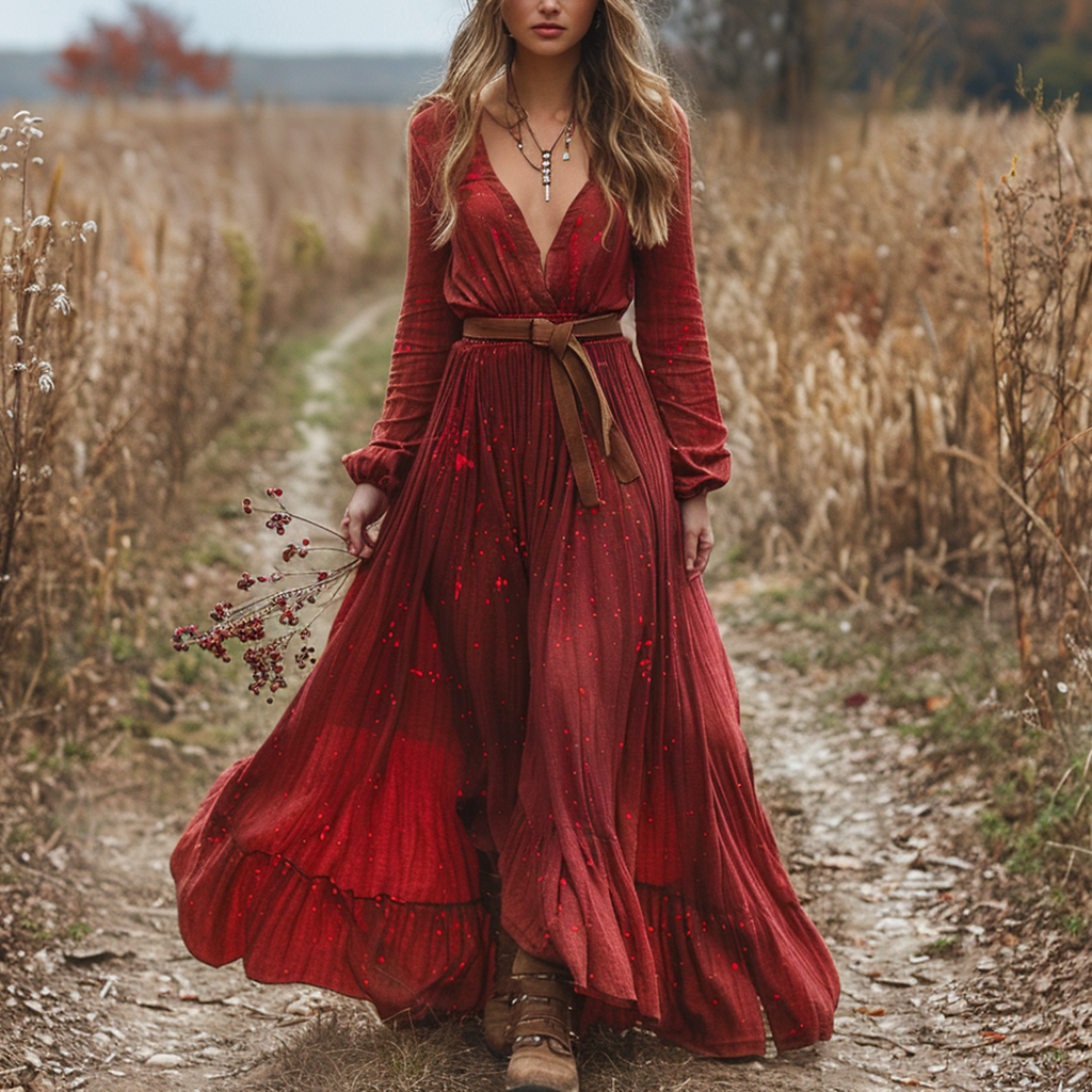 Women's Retro V-neck Floral Long-sleeve Bohemian Pastoral Style Maxi Long Dress