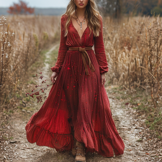 Women's Retro V-neck Floral Long-sleeve Bohemian Pastoral Style Maxi Long Dress