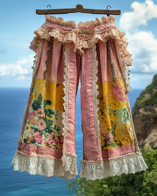 Summer ruffled denim cotton and linen patchwork contrast color pants e2bb