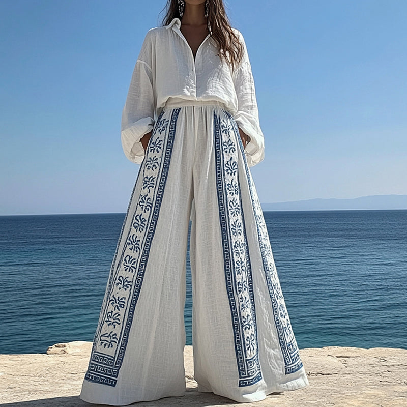 Women's Vintage Greek Key Embroidered Linen Lounge Pants 223d