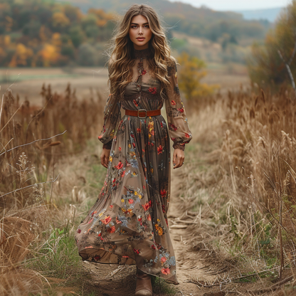 Women's Retro V-neck Floral Pastoral Style Long-sleeve Maxi Long Dress