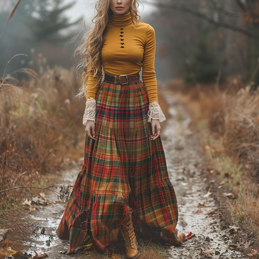 Women's Retro High Neck Long-sleeve Long Skirt Plaid Pastoral Style Maxi Long Dress