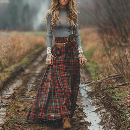 Women's Retro High Neck Long-sleeve Long Skirt Plaid Pastoral Style Maxi Long Dress