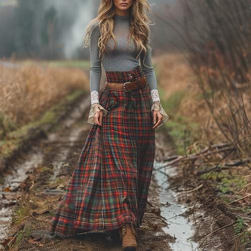 Women's Retro High Neck Long-sleeve Long Skirt Plaid Pastoral Style Maxi Long Dress