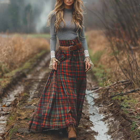 Women's Retro High Neck Long-sleeve Long Skirt Plaid Pastoral Style Maxi Long Dress