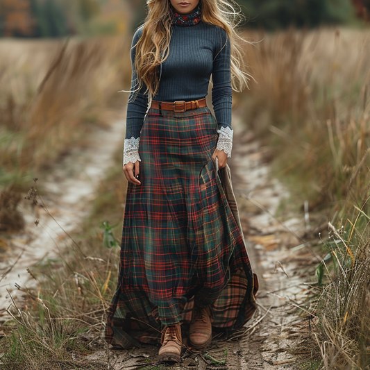 Women's Retro High Neck Long-sleeve Long Skirt Plaid Pastoral Style Maxi Long Dress