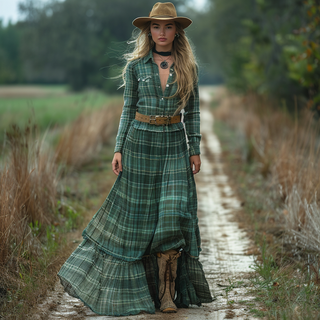 Women's Vintage V-neck Bohemian Pastoral Style Long-sleeve Maxi Long Dress