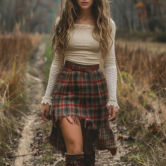 Women's Autumn And Winter Long-sleeve Dress Short Skirt Christmas Plaid Skirt