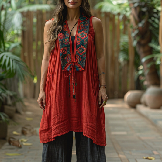 Women's Retro Loose Bohemia Ethnic Style Linen Sleeveless Long Top Shirt