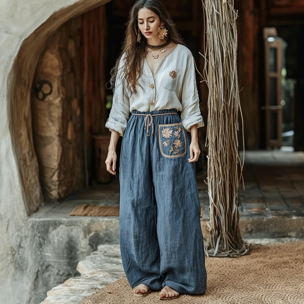 Women's Linen Bohemian Style Wide-leg Trousers Pants