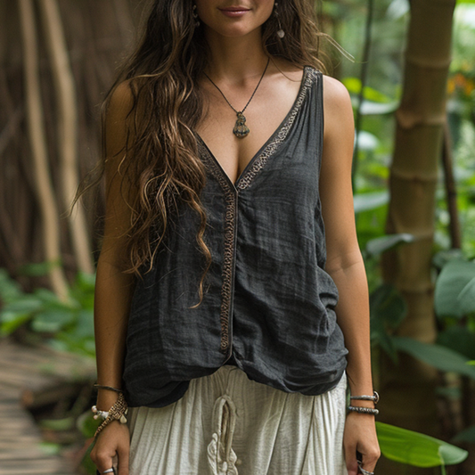 Women's Bohemia Style Casual Linen Sleeveless Vest Top Shirt