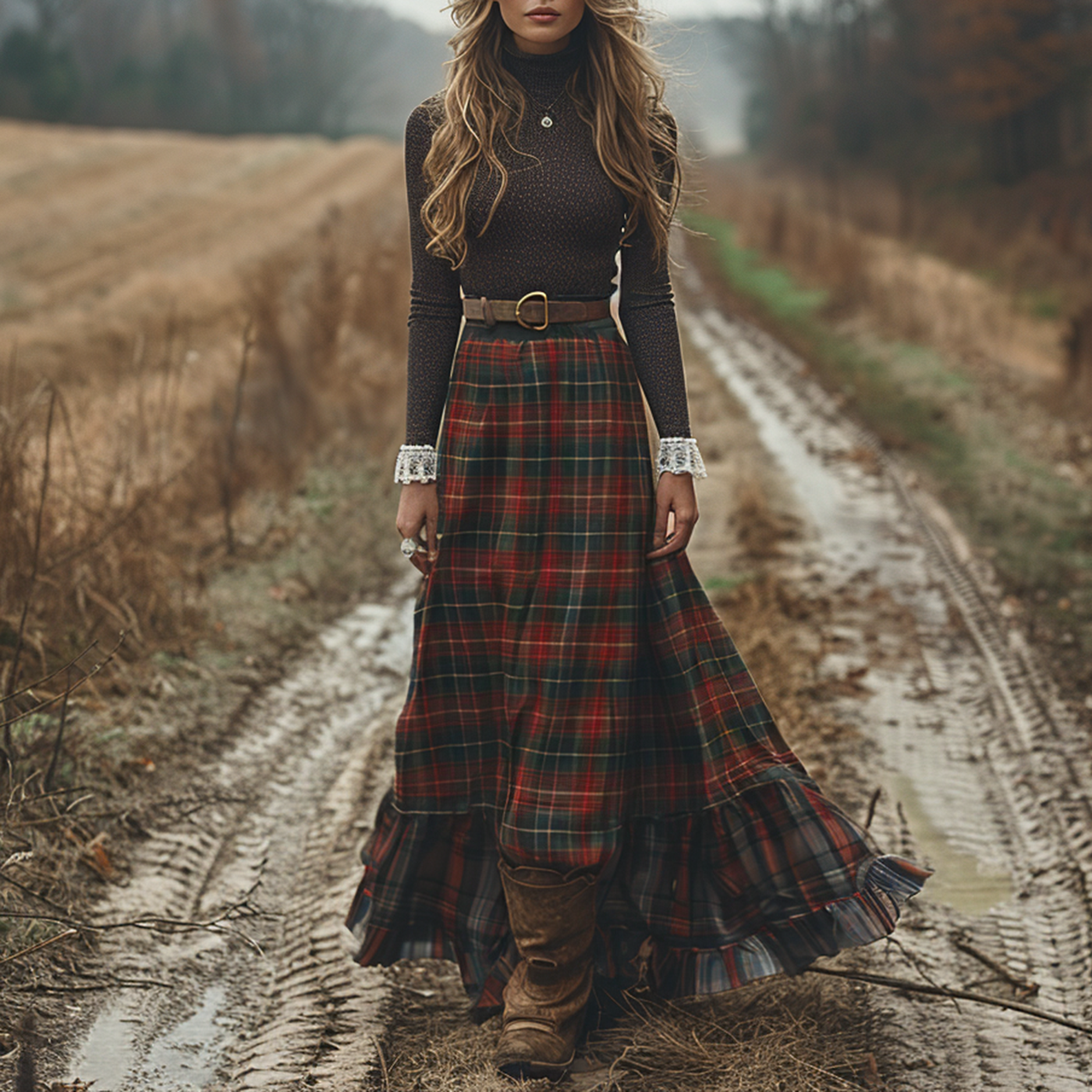 Women's Retro High Neck Long-sleeve Long Skirt Plaid Pastoral Style Maxi Long Dress