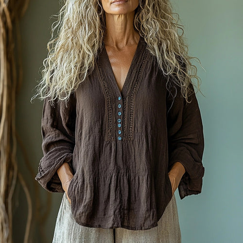 Women's Ethnic Linen Bohemian V-neck Long-sleeve Top Shirt