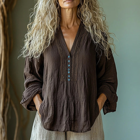 Women's Ethnic Linen Bohemian V-neck Long-sleeve Top Shirt