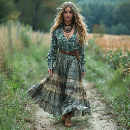 Women's Vintage V-neck Bohemian Pastoral Style Long-sleeve Maxi Long Dress