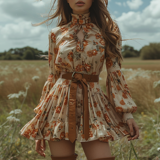Women's Retro Floral Bohemian Pastoral Style Long-sleeved Mini Short Dress