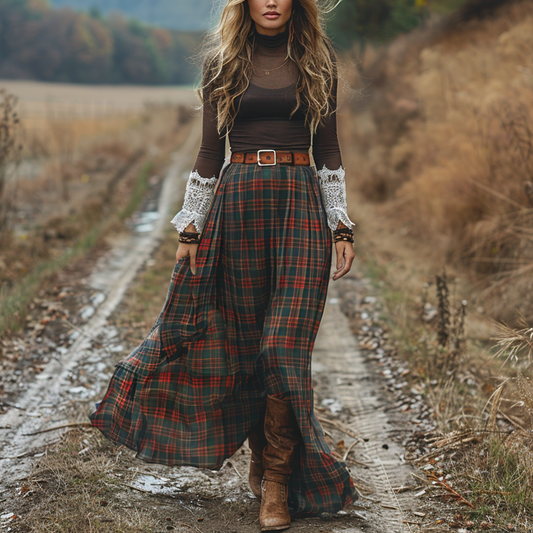Women's Retro Plaid High Collar Long Sleeve Long Skirt Pastoral Style Maxi Long Dress