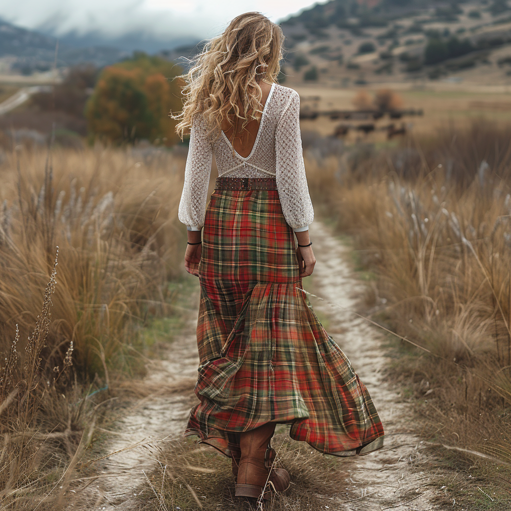 Women's Retro Plaid Long-sleeve Long Skirt Pastoral Style Maxi Long Dress