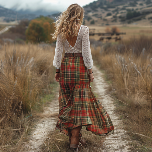 Women's Retro Plaid Long-sleeve Long Skirt Pastoral Style Maxi Long Dress