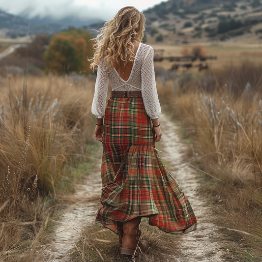 Women's Retro Plaid Long-sleeve Long Skirt Pastoral Style Maxi Long Dress