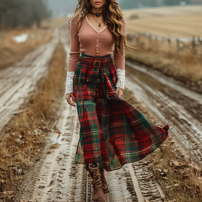Women's Retro Plaid V-neck Long-sleeve Long Skirt Pastoral Style Maxi Long Dress