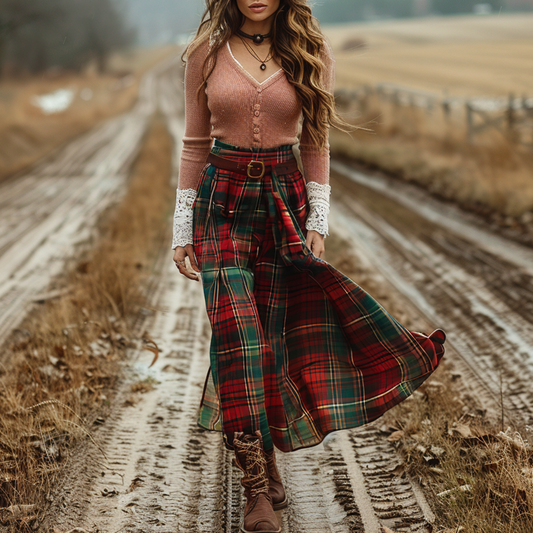 Women's Retro Plaid V-neck Long-sleeve Long Skirt Pastoral Style Maxi Long Dress