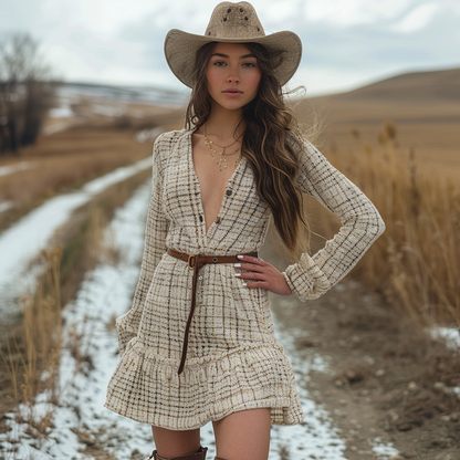 Women's Retro Plaid Pastoral Style Long-sleeve Mini Short Dress