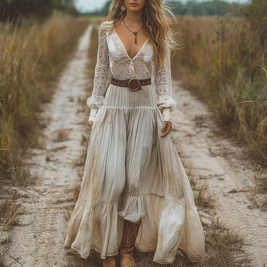 Women's Retro V-neck Country Pastoral Linen Style Long-sleeve Casual Maxi Long Dress