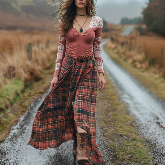 Women's Retro Plaid V-neck Long-sleeve Long Skirt Pastoral Style Maxi Long Dress