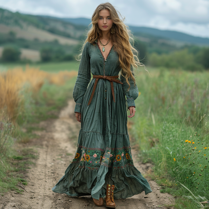 Women's Vintage V-neck Bohemian Pastoral Style Long-sleeved Maxi Long Dress