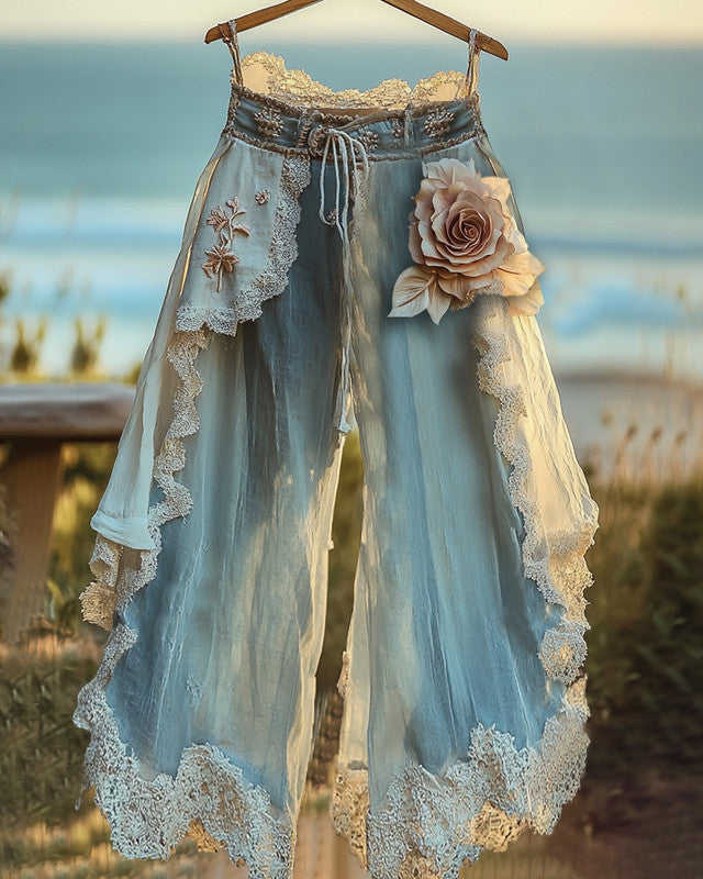 Summer Vacation Ruffle Lace Patchwork Irregular Pants  445f
