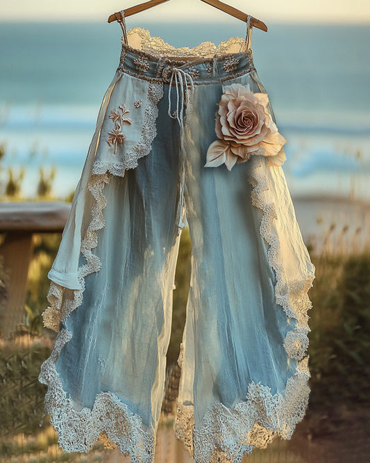 Summer Vacation Ruffle Lace Patchwork Irregular Pants  445f