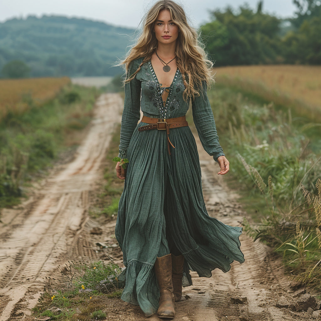 Women's Vintage V-neck Bohemian Pastoral Style Long-sleeve Maxi Long Dress