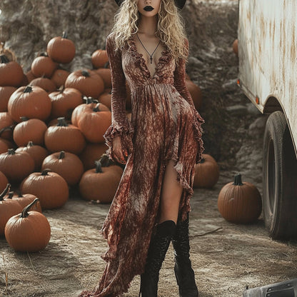 Women's Halloween Witch Style Tie-dye Long-sleeve Maxi Long Dress