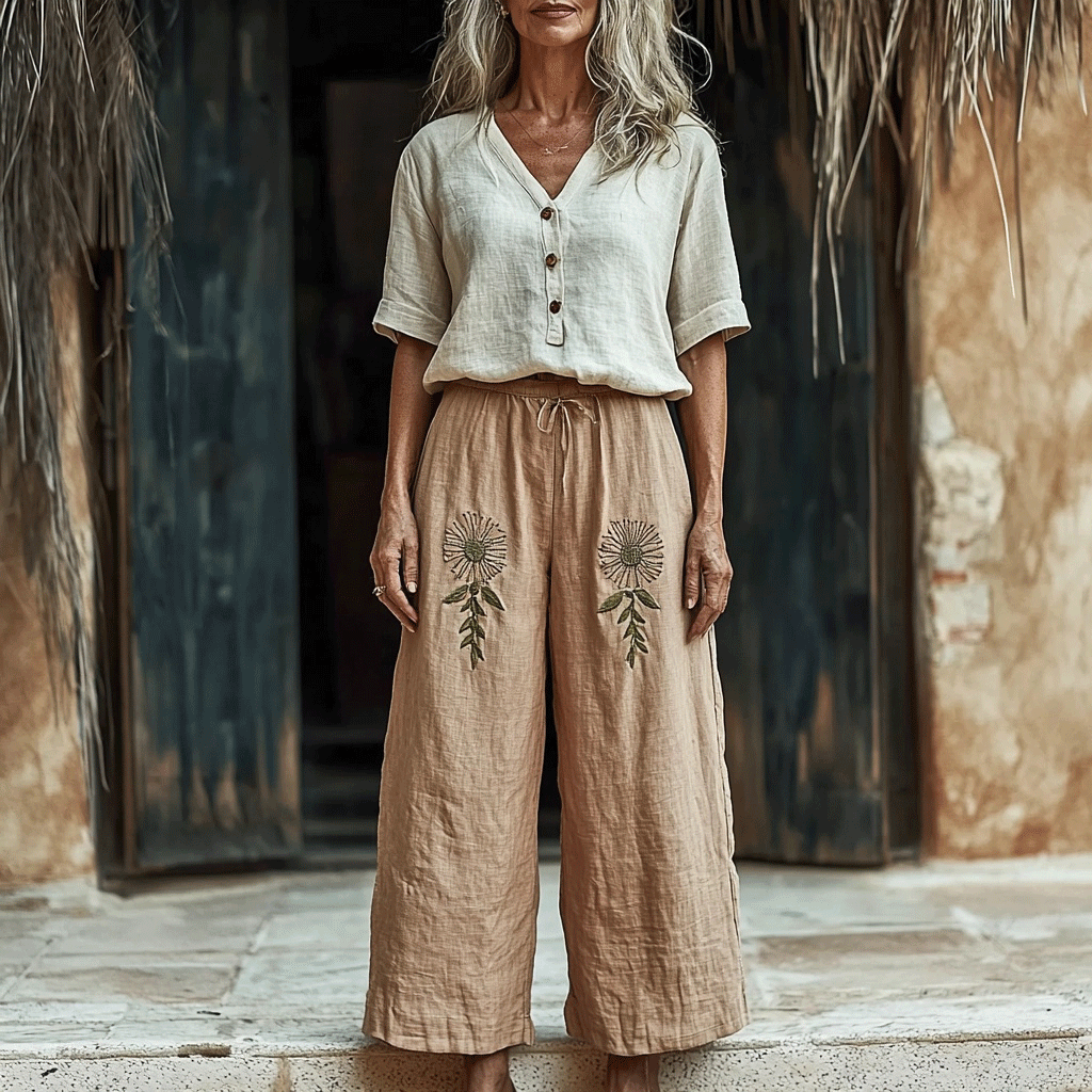 Women's Linen Bohemian Cropped Wide-leg Cropped Trouser Pants