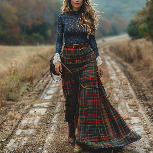 Women's Retro Plaid V-neck Long-sleeve Long Skirt Pastoral Style Maxi Long Dress