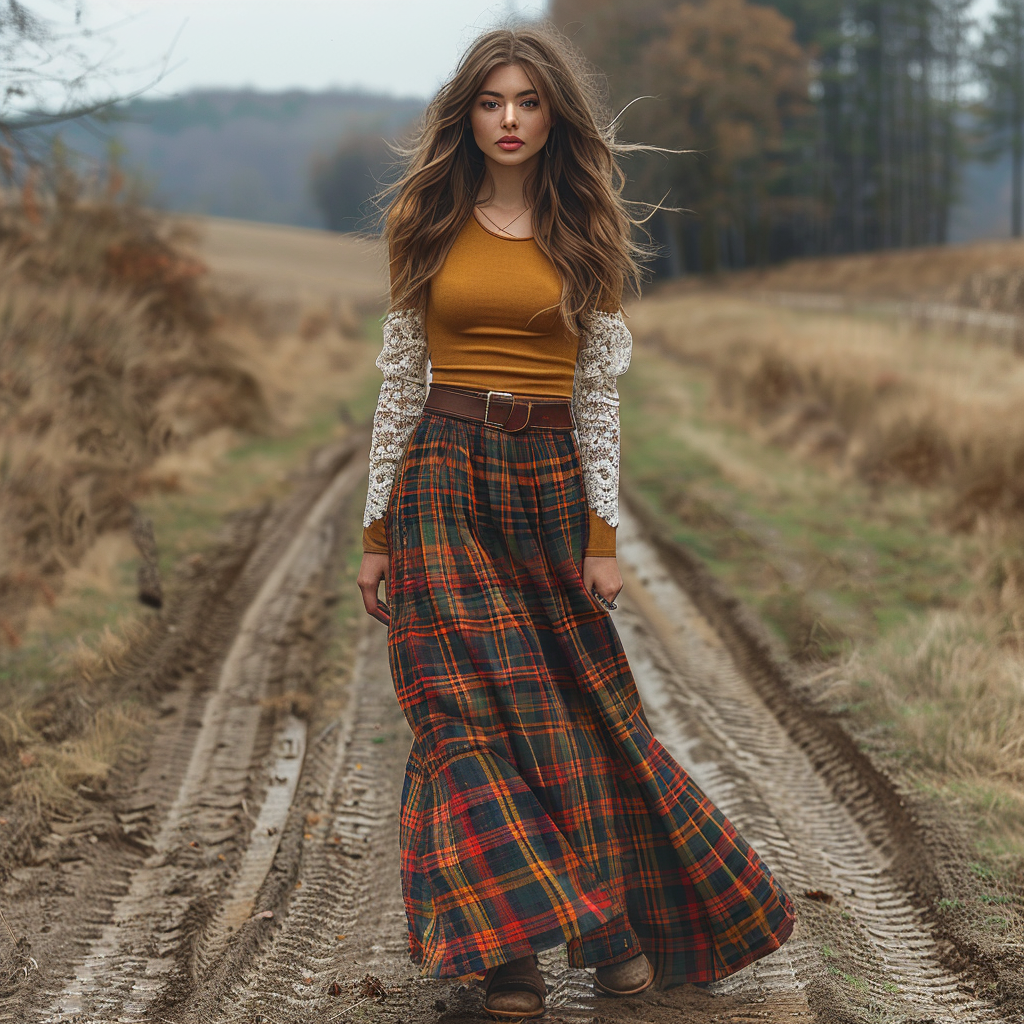 Women's Retro Round Neck Long-sleeve Long Skirt Plaid Pastoral Style Maxi Long Dress