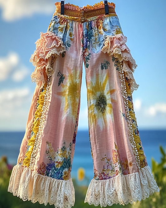 Summer ruffled denim cotton and linen patchwork contrast color pants 6da1