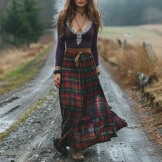 Women's Retro Plaid V-neck Long-sleeve Long Skirt Pastoral Style Maxi Long Dress