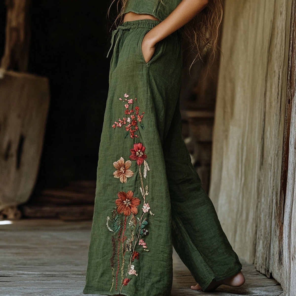 Women's Retro Linen Bohemian Flowers Ethnic Print Long Loose Wide-leg Trouser Pants 01ac