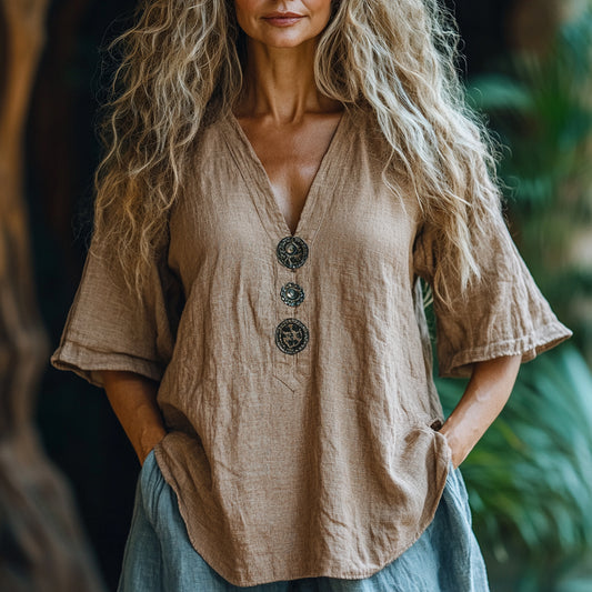 Women's Casual Bohemia Linen Style Short-sleeved Top Shirt