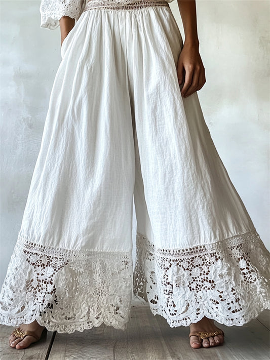 Hamivibe Vintage Boho Floral Lace Hem Flowy Linen Pants f441