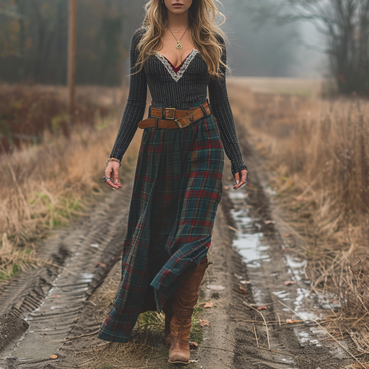 Women's Retro Plaid V-neck Long-sleeve Long Skirt Pastoral Style Maxi Long Dress
