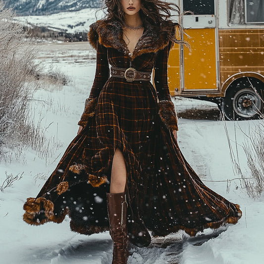 Western Classic Autumn And Winter Velvet Warm Plush Retro Long Sleeve Temperament Dress