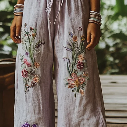 Hamivibe Vintage Bohemian Floral Art Printed Cotton Linen Wide Leg Pants 3466