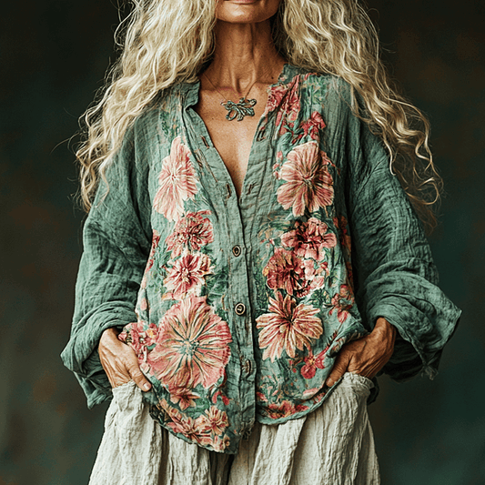 Women's Linen Bohemia Style Floral Long-sleeved Breathable Top Shirt