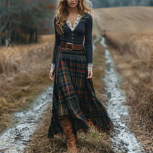 Women's Retro Plaid V-neck Long-sleeve Long Skirt Pastoral Style Maxi Long Dress
