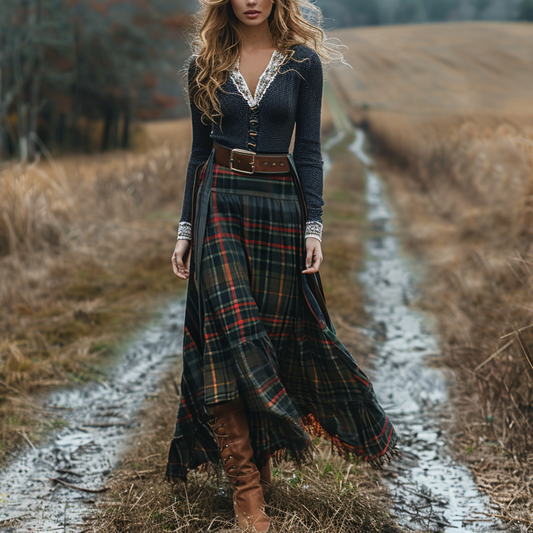 Women's Retro Plaid V-neck Long-sleeve Long Skirt Pastoral Style Maxi Long Dress