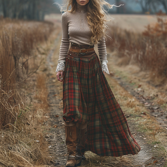 Women's Retro High Neck Long-sleeve Long Skirt Plaid Pastoral Style Maxi Long Dress